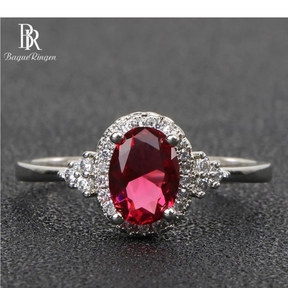 Jewelry - 🌹Silver 925 oval Ruby zircon ring size 7